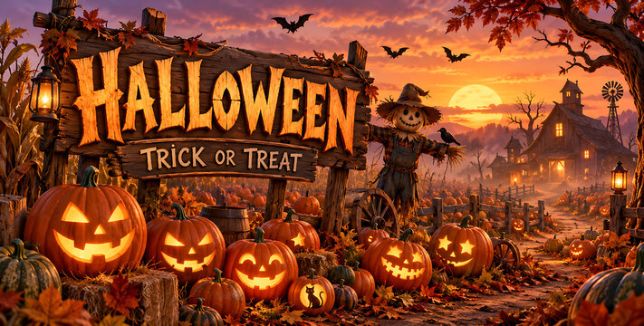Halloween pumpkin patch glowing jack o lanterns at sunset