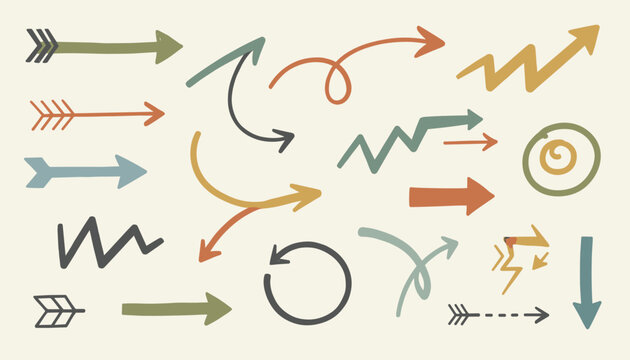 Selection of hand drawn colorful playful arrows pointing in various directions in a rustic sketch illustration style.