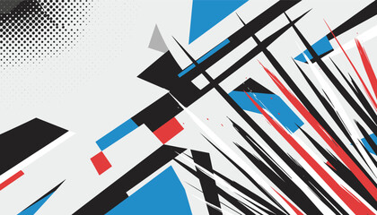 Fototapeta premium Abstract dynamic background pattern composed of sharp black blue red and white geometric lines and brush strokes.