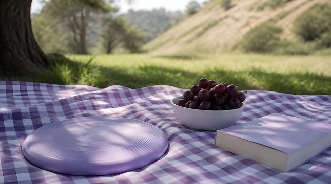 Serene picnic setup purple white checkered blanket frisbee resting grapes book nature outdoor setting