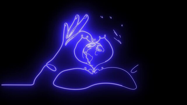 Glowing blue neon line art animation of hands making a heart shape around planet Earth