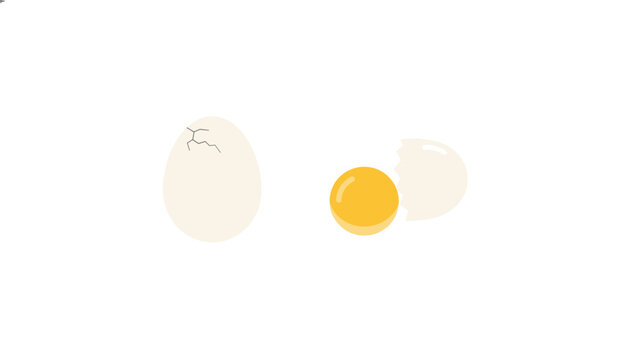 Flat vector illustration of a cracked white chicken egg next to an open shell and a bright yellow raw egg yolk.