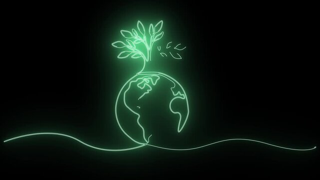Glowing green neon line art animation of planet Earth and a growing tree on black