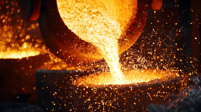 Molten metal being poured from a ladle in an industrial foundry with glowing sparks
