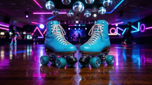 Blue roller skates and sparkling disco balls in a neon retro wave concept.