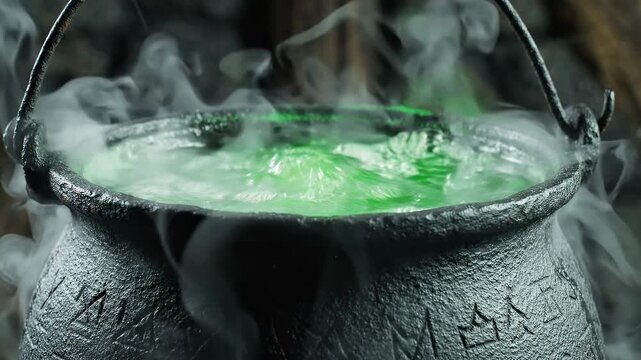 Mysterious Witch Cauldron Boiling With Glowing Green Potion And Smoke