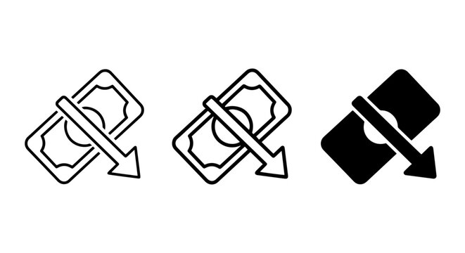 Money Down Arrow Icons, Financial Loss Vector Graphics, Currency Decrease Symbols