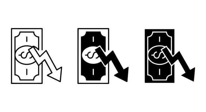 Money Loss Icons, Financial Crisis Symbols, Economic Downturn Graphics, Currency Decline Vector Set