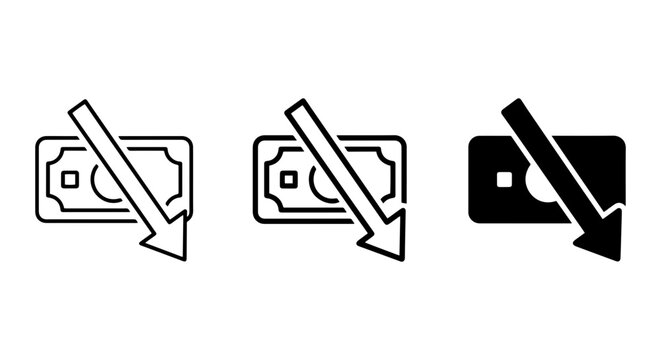 Money Down Icons, Financial Loss Vector Graphics, Economic Decline Symbols, Currency Decrease Illustrations