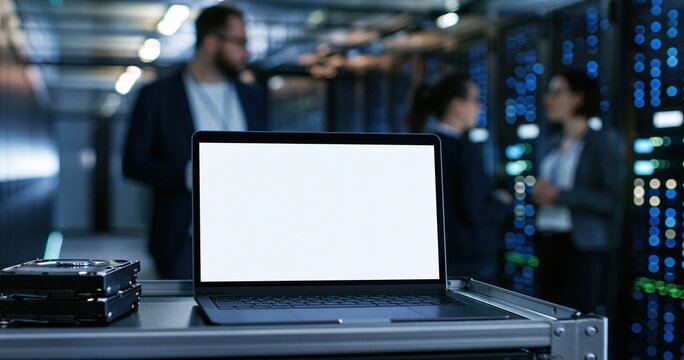 Laptop with blank screen on cart in a professional server room with datacenter
