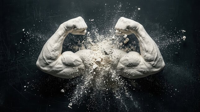 Explosive protein powder forming muscular hands and arms for strength and power concept