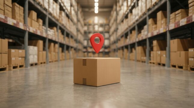 Cardboard package with a red map pointer icon ready for shipping at a distribution center.