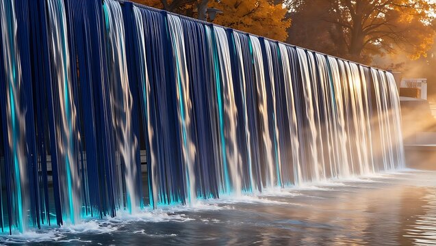 A beautiful artificial waterfall illuminated with blue light creates a stunning visual spectacle at sunset, reflecting warm golden hues.