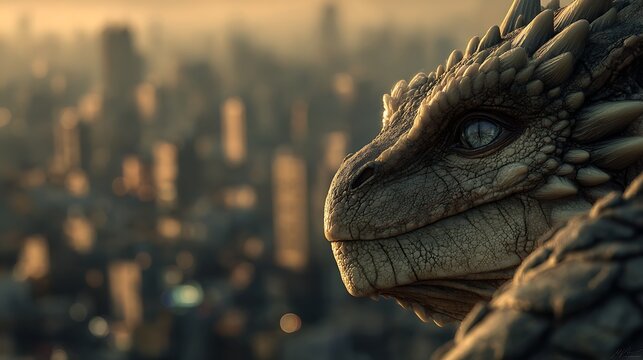 Majestic dragon head close up with detailed scales overlooking a blurred cityscape at sunset