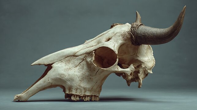 Detailed image of an aged bull skull with large horns against a muted grey backdrop