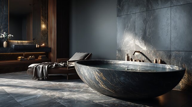Luxurious dark marble bathroom with a freestanding oval soaking tub and modern lounge chair