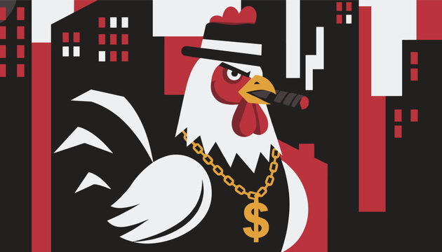 Cool cartoon rooster dressed as a classic mobster gangster with a gold dollar chain and smoking a cigar in the city.
