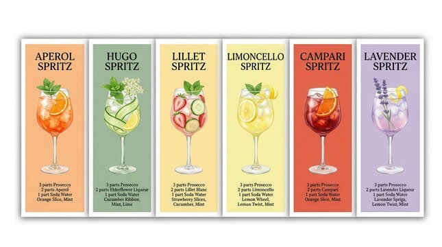 Watercolor spritz cocktail poster set including Limoncello, Lillet, and Lavender drink recipes.