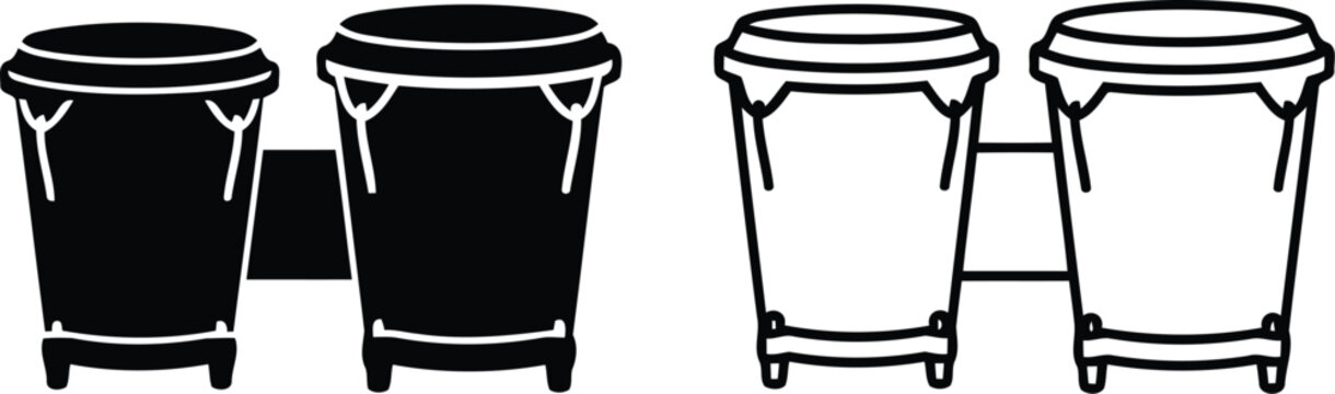 Set of bongo drums icons in black and white styles