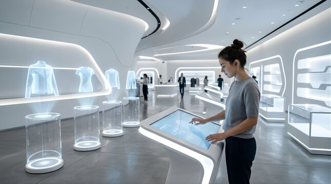 Woman uses holographic interface for virtual clothing shopping in retail