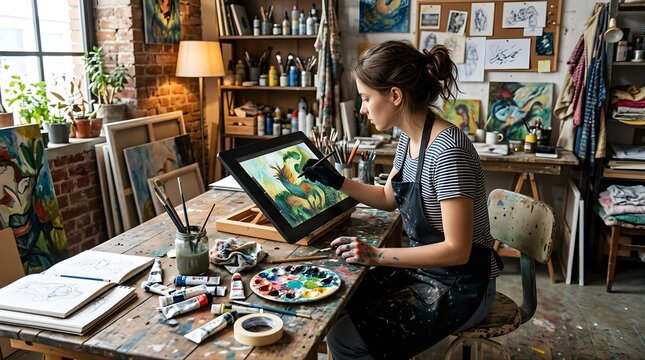 Young female artist drawing on a digital graphic tablet in art studio