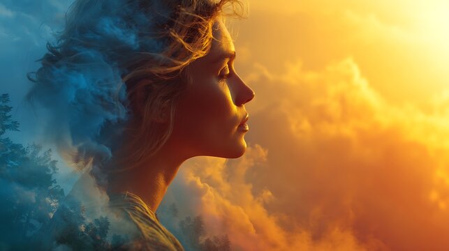 Woman s profile contemplating vast cloudy sky at sunset. atmospheric double exposure