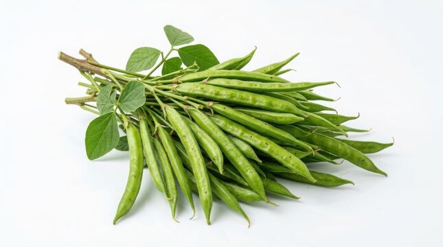 Fresh cluster of cluster guar beans with leaves isolated on white background green beans pod vegetable raw food organic vegetable farm produce flat lay indian vegetable
