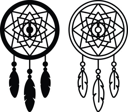 Black and white dreamcatcher icons with geometric patterns and hanging feathers