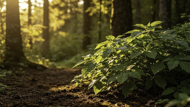 Lush broad-leaf undergrowth with visible humus layer on fore