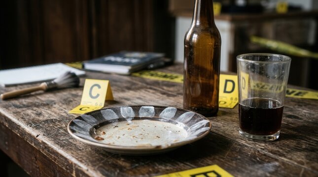 Crime Scene Investigation Evidence On A Messy Wooden Table