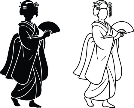 Black silhouette and outline drawing of a japanese geisha woman holding a folding fan