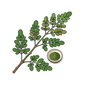 Fresh moringa leaves and powder in wooden bowl with natural green background