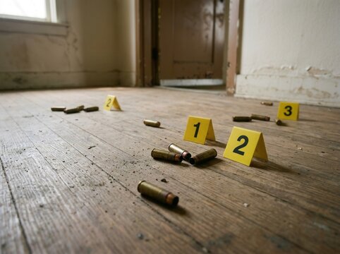 Crime Scene Investigation Evidence Collection Bullet Casings Markers On Wooden Floor