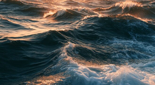 Waves crashing at sunset with golden reflections