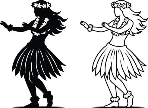 Black and white silhouette icons of a young woman dancing hula in a grass skirt