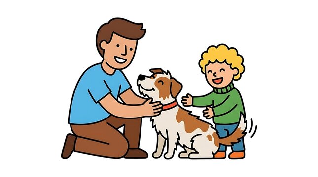 Father and son petting their happy pet dog cartoon illustration