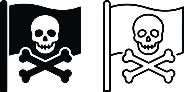 Pirate flag icon set with skull and crossbones design in solid and outline style