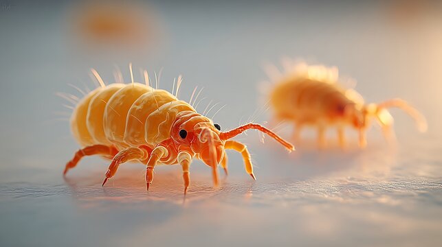 Extreme close up macro photo of orange springtail insect with bristly hairs. backlit. soft focus