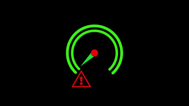 Speedometer gauge topped with a small warning triangle needle represents risk level danger assessment or important caution measurement meter animation.Speedometer icon showing warning triangle
