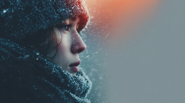 Close up profile of a young woman in winter clothing looking out at snowfall with warm sunset light