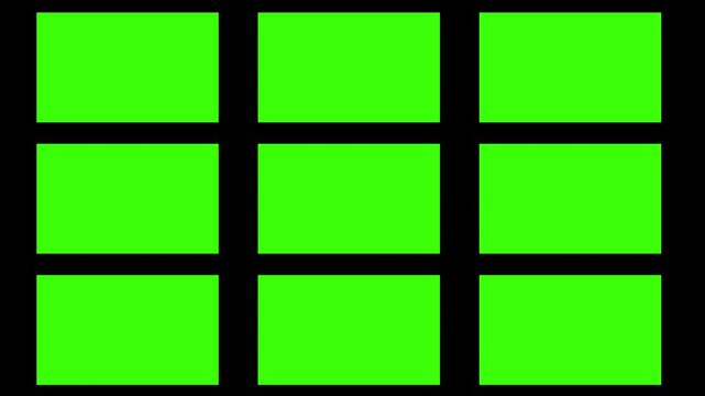 Green Screen Grid Animation with Nine Rectangle Panels Split Screen Layout Template for Video Editing, Collage Display.