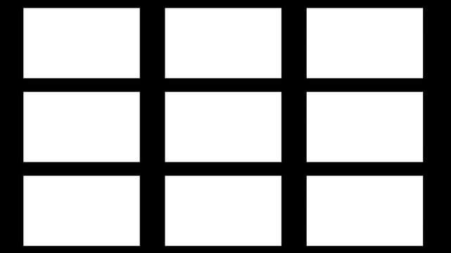 Green Screen Grid Animation with Nine Rectangle Panels Split Screen Layout Template for Video Editing, Collage Display.