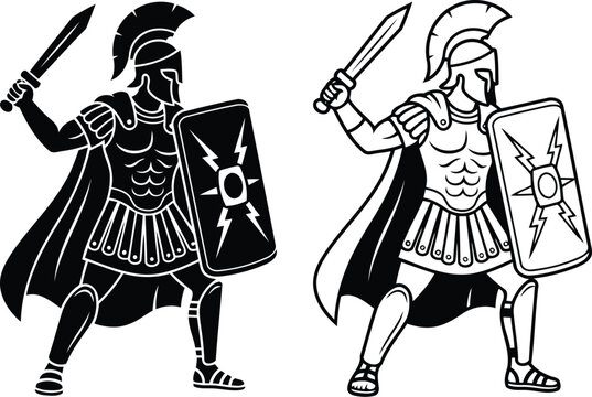 Black and white silhouette icons of a spartan warrior holding a sword and a shield