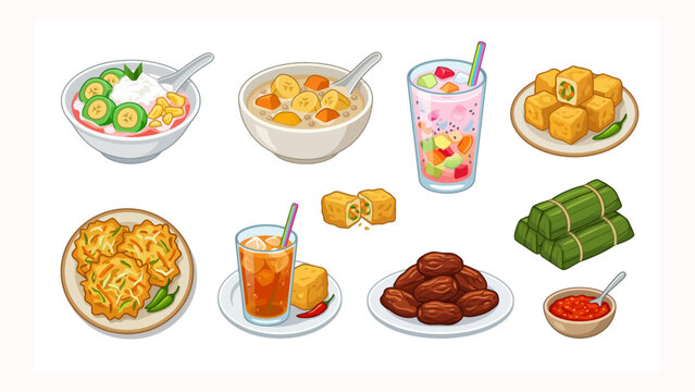 Set of delicious Ramadan iftar menu food and drinks vector illustration