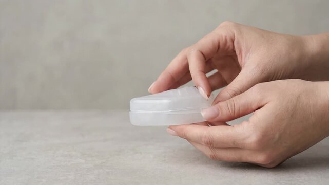 Person holds transparent case with dental aligner