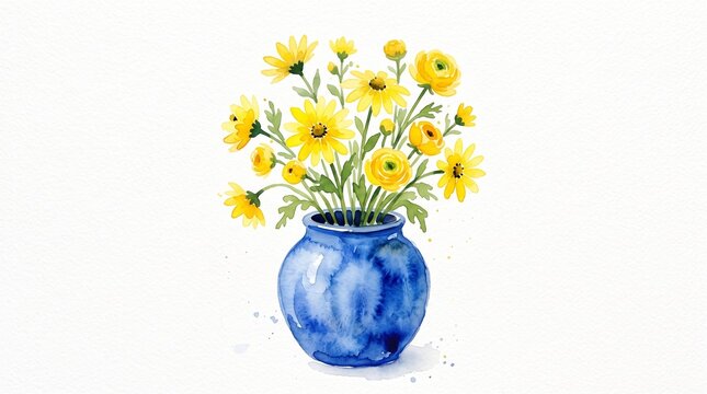087 87 Simple watercolor illustration of a blue cerami Blue ceramic va