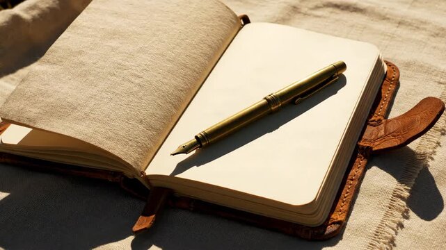 An open leather-bound notebook with a gold fountain pen lies on textured fabric under warm sunlight evoking inspiration