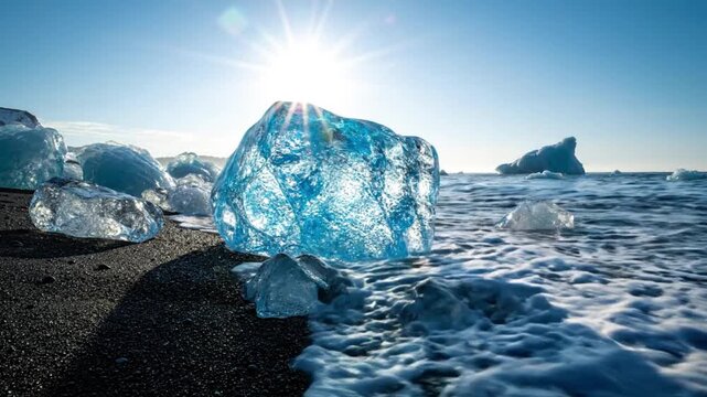 Blue glacier ice chunks on black sand beach under bright sun