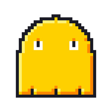 Yellow pixelated retro ghost character on white background