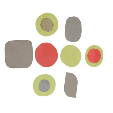Assorted colorful paper circles and rounded square shapes in yellow, red, and grey on a white background, for craft and projects isolated on a transparent background